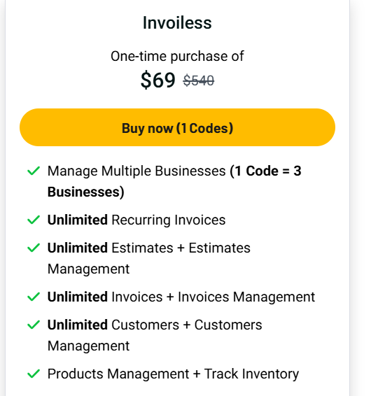 pricing option for Invoiless by delta saas